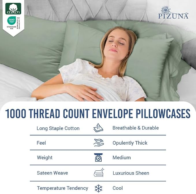 Pizuna 100% Cotton Pillow Cases Queen Size Set of 2 Luxury 1000 Thread Count Sateen Weave Long Staple Cotton Hotel Quality Envelope Closure Pillow Covers Fits Standard/Queen Pillows - Sea Foam - Image 2