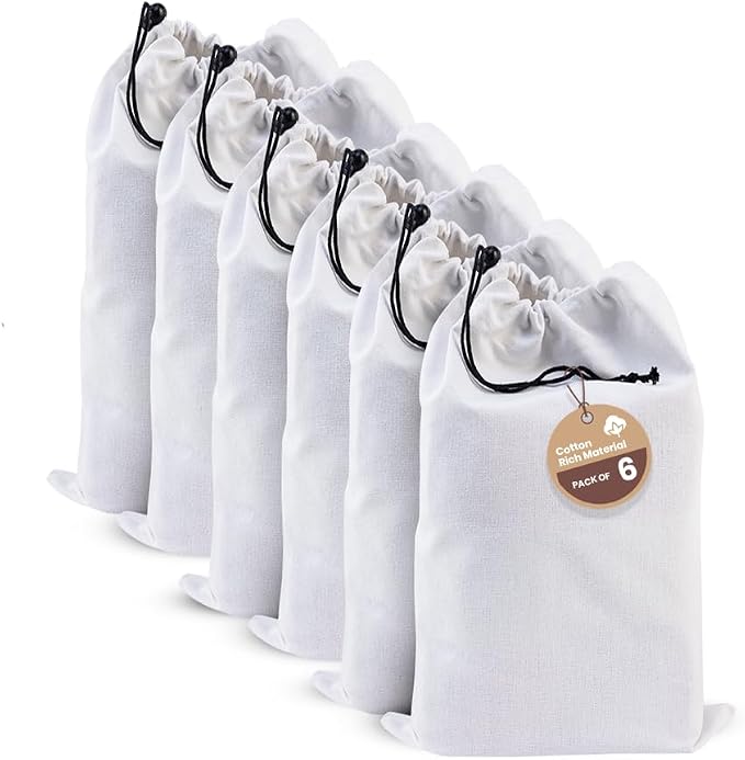 LFH Cotton Rich Shoe Storage Bags with Drawstring, Dustproof Breathable Reusable Organizer, Perfect For Travel, Dorm, Hotel, College, Gym, Easy to Carry, Machine Washable 8"x17" (Pack of 6) - White by LFHHomePrivateLimited