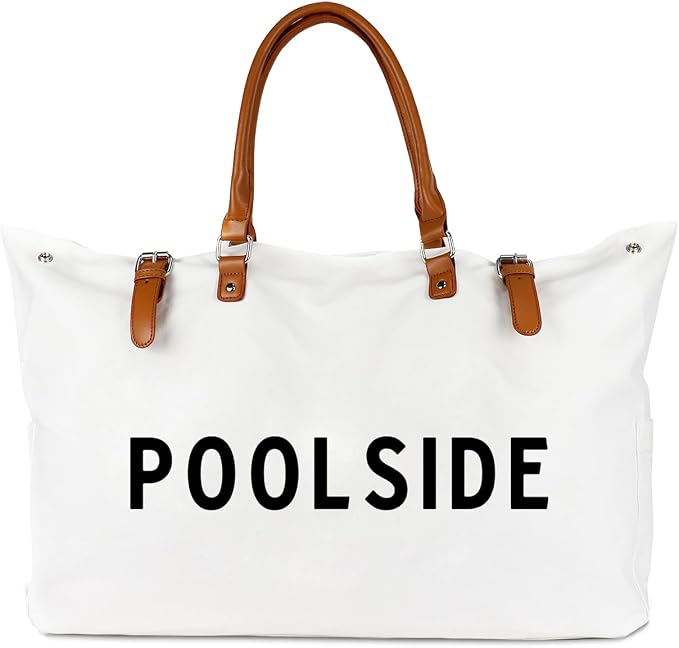 Lamyba Beach Bag with Vegan Leather Handle, Extra Large Beach Bag for Women Waterproof Sandproof, White | with Vegan Leather Handle - Image 8