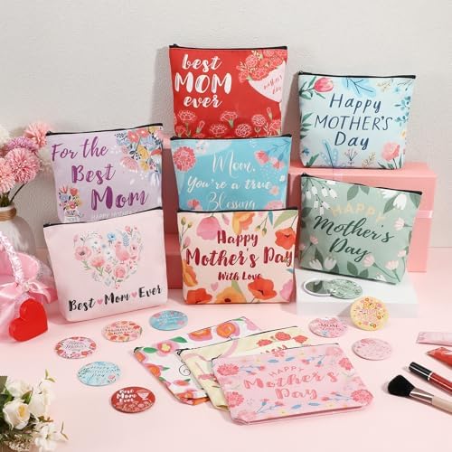 Landical 10 Sets Mother's Day Gifts Bulk, Canvas Makeup Bags with Compact Mirrors Cosmetic Bags Gifts for Women, Thank You Travel Toiletry Pouch Bulk Mom Gift for Coworker, Mothers Day Party Favors - Image 6