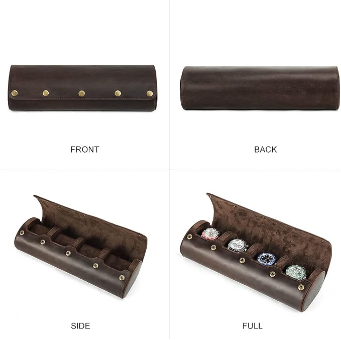 Hiram Leather Watch Roll Travel Case,Vintage Crazy Horse Leather 4-Slots Watch Box with Removable Velvet Pillows, Secure Metal Clasp, Perfect for Daily Display & Business Travel - Image 5