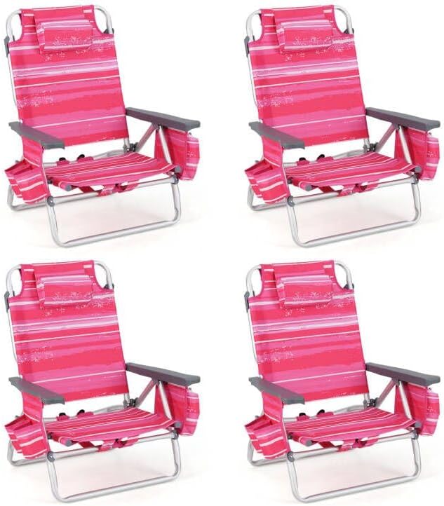 Giantex Folding Beach Chair, Patio Sling Chairs with 5 Adjustable Position, Head Pillow, Storage Bag, Towel Bar, Cup Holders, Backpack Chairs for Sunbathing, Camping Chair by Giantex