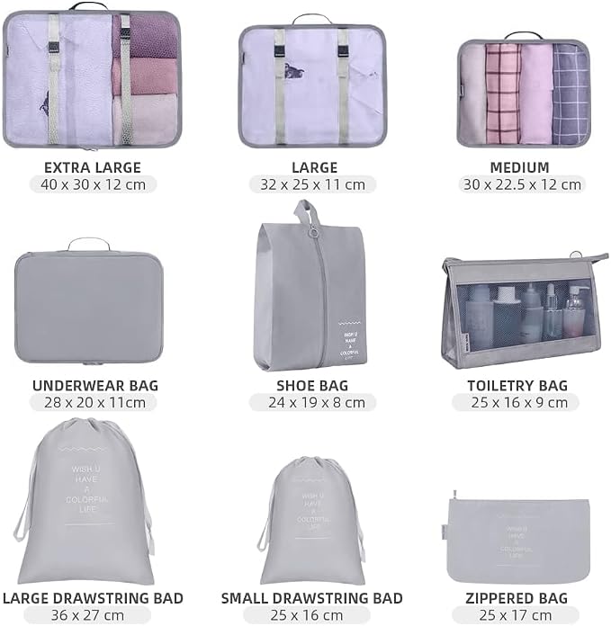 Packing Cubes for Suitcase, 9pcs Travel Luggage Packing Organizers Waterproof Travel Essentials Bag Clothes Shoes Storage Bags, Gray - Image 3
