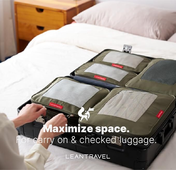 LeanTravel Premium Compression Packing Cubes for Travel - Suitcase Organizer Bags with Double Zipper & Breathable Mesh Panel - Space Saving Carry On Luggage Essentials (6-Pack, Olive Green) - Image 3