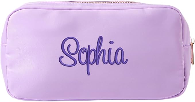 Personalized Nylon Pouch - Large Embroidered Essentials Bag for Women, Makeup, Toiletries, or Travel Organizer, Custom Monogram Gift, Carryall, Mom Bag, Tech Pouch (Lilac, L) by Sprinkled+With+Pink