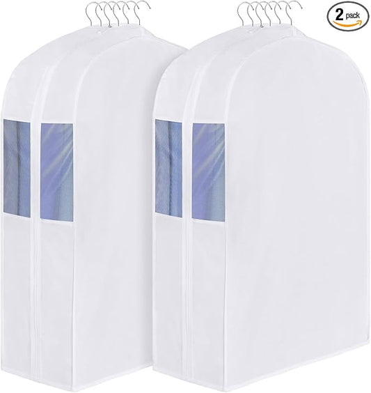 Univivi Premium Cotton Garment Bags for Hanging Clothes, 32 Inch Washable Suit Storage Bags for Closet Storage with Extra Large 10" Gusset & Clear Window - Perfect for Shirts, Short Skirt - 2 Pack by Univivi
