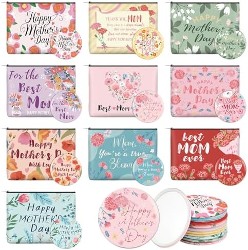 Landical 10 Sets Mother's Day Gifts Bulk, Canvas Makeup Bags with Compact Mirrors Cosmetic Bags Gifts for Women, Thank You Travel Toiletry Pouch Bulk Mom Gift for Coworker, Mothers Day Party Favors by Landical