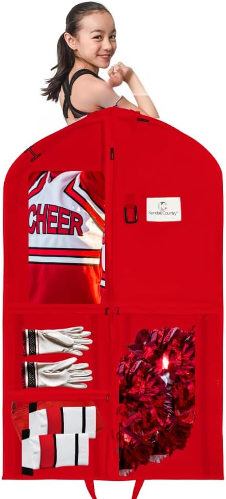 Waterproof Hanging Garment Bag 40 inch Clothes Bag with Gusset, 5 Pockets Side Zip for Dance Costumes Sports Skating Theatre Pageants Cheer Cosplay Kendall Country (Candy Apple Red, 40 inch) by KendallCountry
