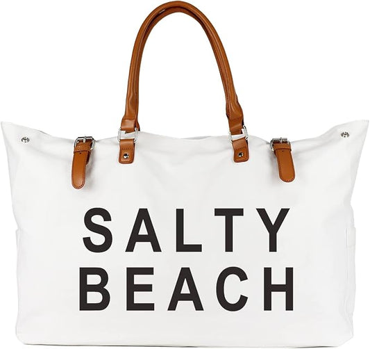 Lamyba Beach Bag with Vegan Leather Handle, Extra Large Beach Bag for Women Waterproof Sandproof, White | with Vegan Leather Handle by Lamyba