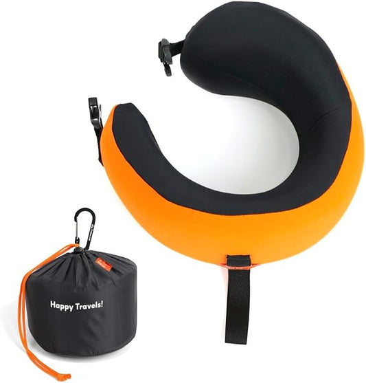 C CUSHION LAB Travel Pillow, Award-Winning Patented Ergonomic Design for Chin & Neck Support Memory Foam Neck Pillow, Compact Airplane Pillow for Traveling, Flight, Car (Dynamic Orange, Medium) by CUSHIONLAB
