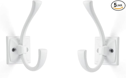 Large Wall Hooks 5 Pack White Coat Hooks Hardware Towel Hooks for Hanging Coats 4.35 Inch Double Robe Hooks Wall Mounted with Screws for Key, Towel, Bags, Cup, Hat by ZAUYX