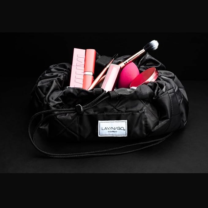Lay-n-Go Cosmo Layflat Cosmetic & Makeup Bag Organizer - Portable Drawstring Bag w/Zipper Pocket, Brush Storage Loops & More - Durable, Machine Washable Toiletry Bag for Travel (22", Black) - Image 2