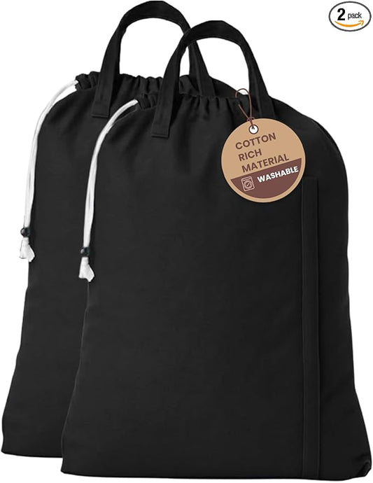 LFH Home Large Premium Cotton Rich Canvas Laundry Bag with Drawstring and Handles Heavy Duty, Multi-Use, and Washable for Home, Travel, College or Storage 28x40 (Pack of 2)-Black by LFHHomePrivateLimited