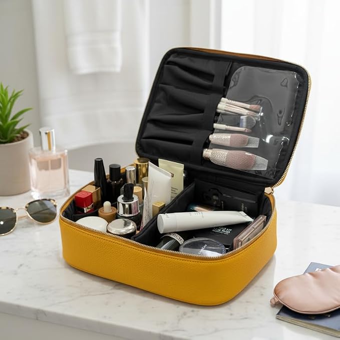 Luxury Genuine Cowhide Leather Cosmetic Organizer Bag – Large Capacity Makeup & Toiletry Travel Case with Compartment, Brush Holder for Women and Men - Image 5