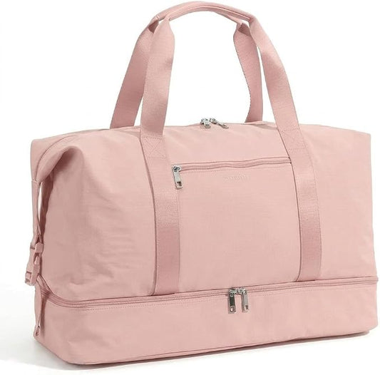 Oeihuivt Weekender Bags for Women, Pink, 21 Inch, 2-Piece Set | Large Travel Duffel Bag, Shoe Compartment, Heavy-Duty Canvas Leather, Carry On Overnight Tote by Oeihuivtweekenderbag