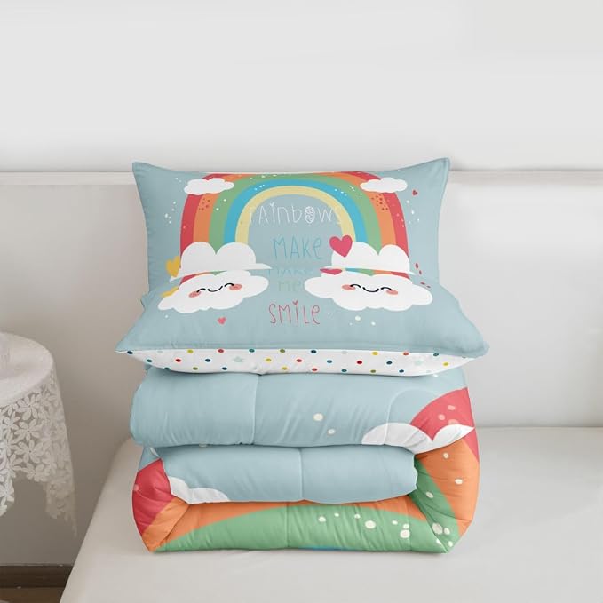 Girls Rainbow Comforter Set, Cartoon Blue Quilted Comforter Twin Size For Kids Boys Women Bedroom, Love Heart Bedding Set Kawaii Room Decor Rainbow Cloud Duvet Sets With 1 Pillow Case - Image 7