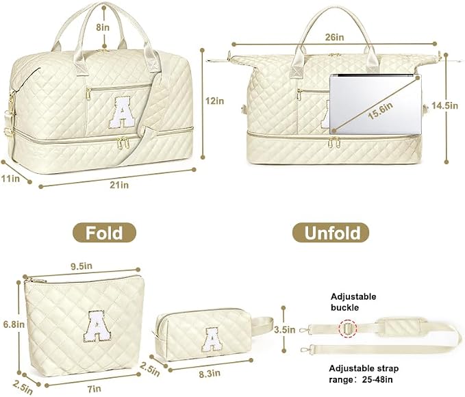 Graduation Birthday Gift for Her, Personalized Initial Weekender Bag for Women 45L Travel Duffle Carry On Quilted, 3PCS Overnight with Cosmetic & Toiletry Bag, Shoe Compartment, Gym Dance Bag for Girl - Image 7