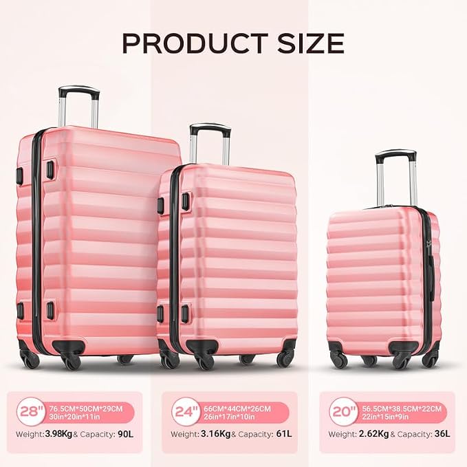 Luggage Sets for Women 3 Piece ABS Hardshell Suitcase with Spinner Wheels with 6PC Packing Bags(20/24/28inch) - Image 2