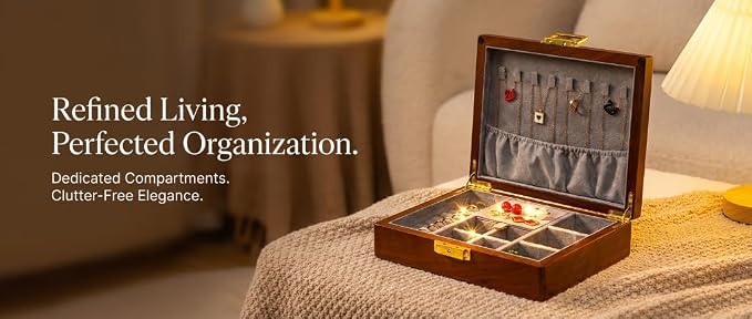 Solid Black Walnut Jewelry Box with Lock and Key Large Capacity Vintage Wooden Organizer for Women and Men Ring Necklace Earring Cufflink Storage Removable Dividers Gift for Christmas - Image 5