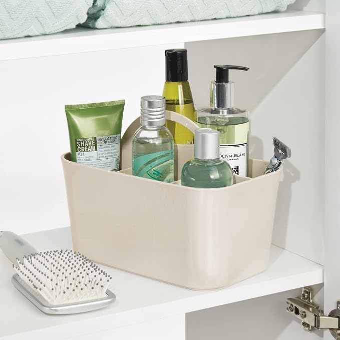 mDesign Small Plastic Shower/Bath Storage Organizer Caddy Tote with Handle for Dorm, Shelf, Cabinet - Hold Soap, Shampoo, Conditioner, Combs, Brushes, Lumiere Collection, Cream/Beige - Image 2