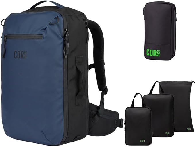 COR Surf Carry On Travel Backpack Bundle | Island Hopper Travel Backpack with Toiletry Bag and Compression Packing Cube Set (40L, Navy Blue) by CORSurf