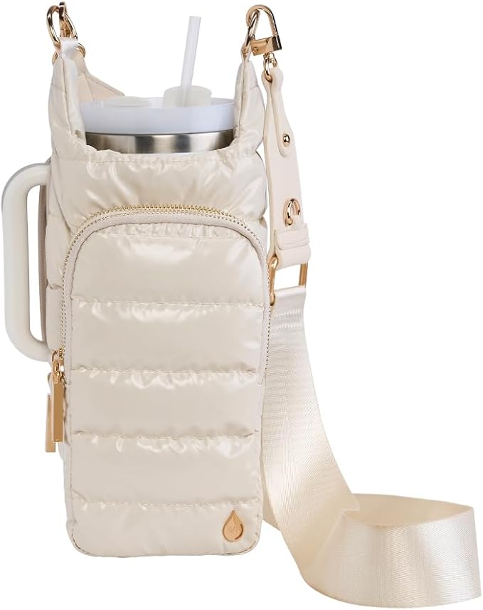 WanderFull Original HydroBag Handle®, Zipper for Handle, 40 oz Water Bottle Holder w/Strap, Crossbody Carrier Bag w/Phone Pocket- Ivory Lacquer w/Vegan Leather Trimmed Strap by WanderFull