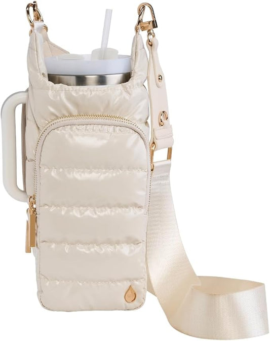 WanderFull Original HydroBag Handle®, Zipper for Handle, 40 oz Water Bottle Holder w/Strap, Crossbody Carrier Bag w/Phone Pocket- Ivory Lacquer w/Vegan Leather Trimmed Strap by WanderFull