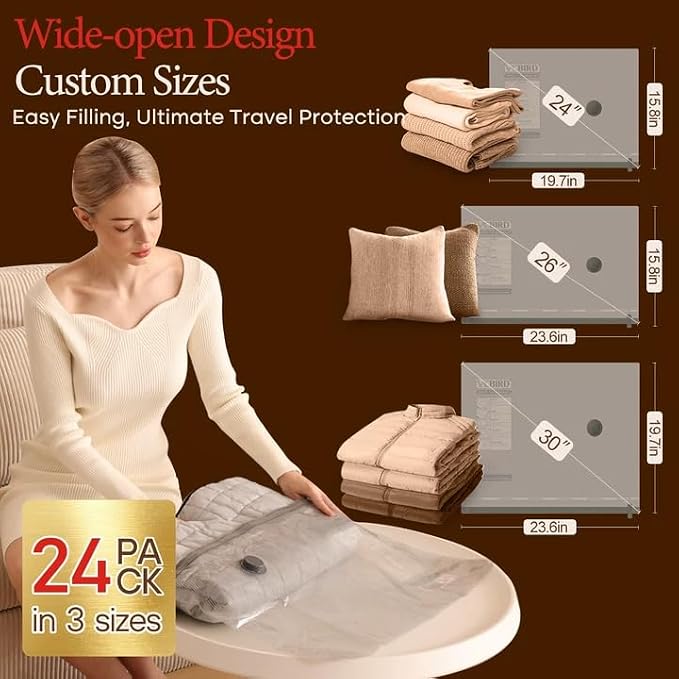 Vacbird Vacuum Bags for Travel with Rechargeable air Pump,Carry-on Size Compression Packing Bags for Luggage and Suitcase, Space Saver for Clothes and Clothing 24 Combo Travel Size - Image 3