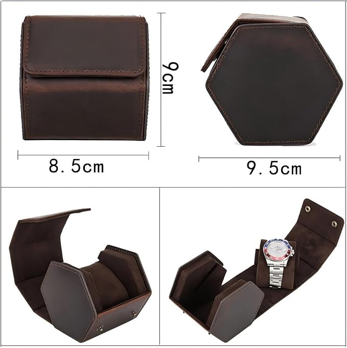 Genuine Leather Watch Roll Travel Case, Vintage Full Grain Leather Hexagon Watches Storage Organizer with Display Removable Pillows & Solid Dividers for Home Storage &Display (1 Slot) - Image 4