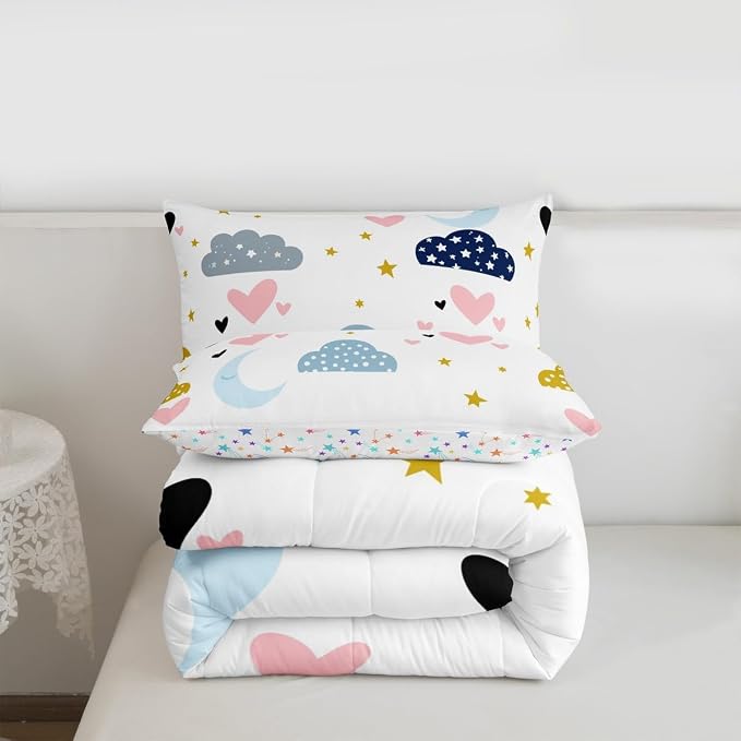 Kawaii Comforter Set With 2 Pillow Cases, Moon Stars Cloud Bedding Set Full Size For Kids Girls Boys Children,Pink Love Heart Quilt Cartoon Rainbow Down Comforter Soft Cozy Lightweight Duvet Insert - Image 7