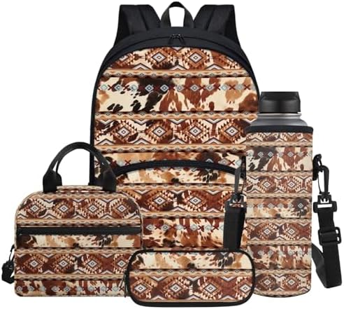 Aztec Ethnic Tribal Cow Print Kid's Backpack Set with Lunch Bag & Pen Bag & Water Bottle Sleeve, 17 Inch Large Capacity School Bag 4 in 1 by Glomenade