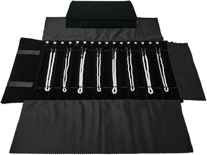 Travel Necklace Organizer, Tangle Free Jewelry Case, 16 Slots | Foldable,LightWeight Compact, Velvet Lining Jewelry Storage Bag for Chain Bracelet, Gift for Women Girls,Black Diamond - Image 5
