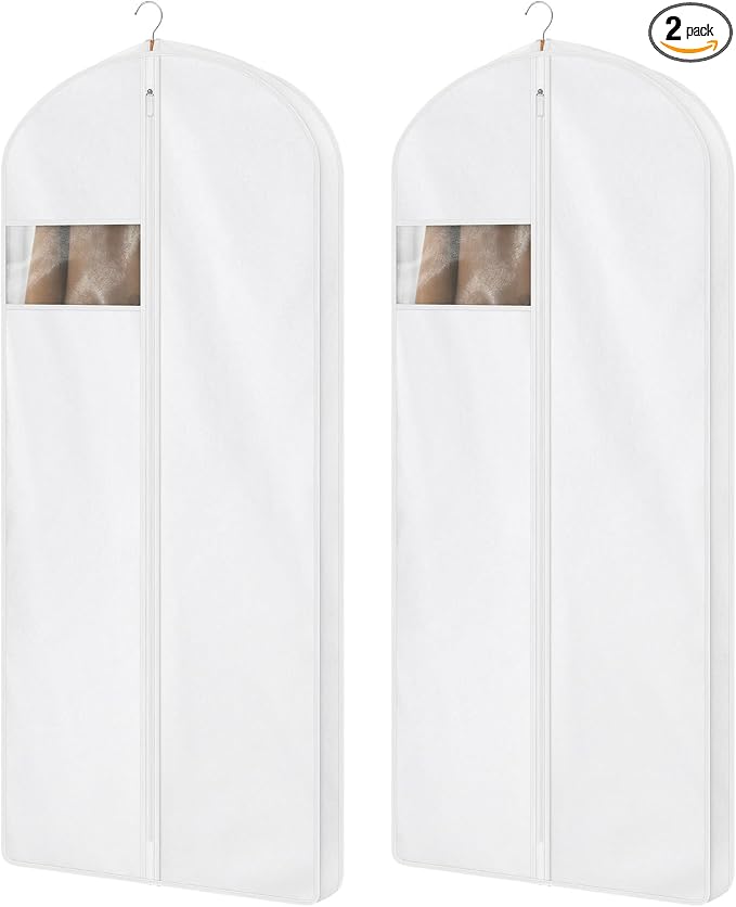 60" Premium Cotton Garment Bag for Hanging Clothes and Storage, Breathable Dress Bags for Gowns Long, Full Zipper Dust Cover with Clear Window for Long Dresses, 2 Pack by Kntiwiwo