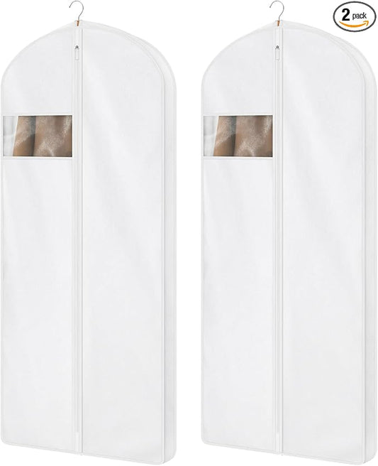 60" Premium Cotton Garment Bag for Hanging Clothes and Storage, Breathable Dress Bags for Gowns Long, Full Zipper Dust Cover with Clear Window for Long Dresses, 2 Pack by Kntiwiwo
