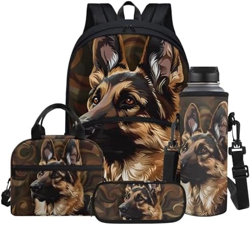 German Shepherd Print Kid's Backpack Set with Lunch Bag & Pen Bag & Water Bottle Sleeve, 17 Inch Large Capacity School Bag 4 in 1 by Glomenade