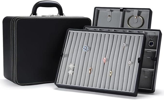 Jewelry Trays stacks Carriable with Handle Zipper Large Box Organizer Faux-Leather Accessory Case Storage(L3-BR) - Image 8
