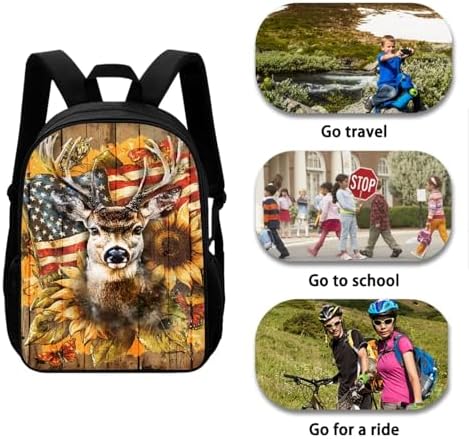 Schoolbag Set for Boys Girls Back to School, Large Capacity Children's Backpack Set with Lunch Bag, Knapsack Set for Elementary School Students, Deer American Flag Wood Grain - Image 2