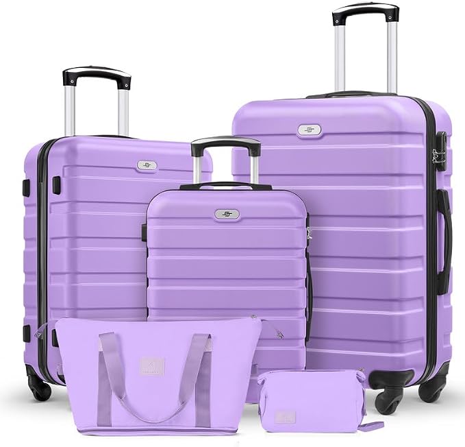 Suitour Luggage Sets 5 Piece, 20, 24, 28 inch Hardside Carry-on and Checked Suitcase Set with Expandable Travel Duffle Bag Sets（Purple） by Suitour