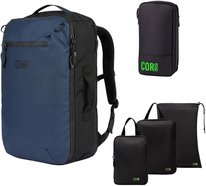 COR Surf Carry On Travel Backpack Bundle | Island Hopper Travel Backpack with Toiletry Bag and Compression Packing Cube Set (Blue, 28L) by CORSurf