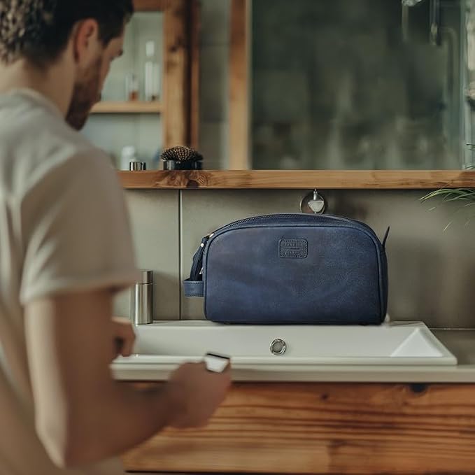LEATHER VILLAGE Genuine Leather Toiletry Travel Bag With Waterproof Lining - Blue | King-Size Handcrafted Vintage Dopp Kit Bag, Shaving & Bathroom Organizer, Gift for Men & Women - Image 6