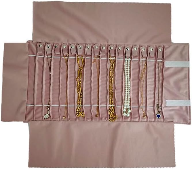 Travel Necklace Organizer, Tangle Free Jewelry Case, 16 Slots | Foldable,LightWeight Compact, Velvet Lining Jewelry Storage Bag for Chain Bracelet, Gift for Women Girls,Gray PU and Pink - Image 5