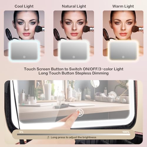 15''X11'' Large Capacity Makeup Bag with LED Mirror, Professional Makeup Case Organizer with 3 Color Light Adjustable Brightness, Travel Make up Cosmetic Case with Detachable Dividers & Shoulder Strap - Image 2