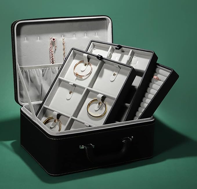 Jewelry Trays stacks Carriable with Handle Zipper Large Box Organizer Faux-Leather Accessory Case Storage(L3-BR) - Image 7