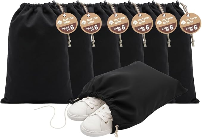 LFH Cotton Rich Shoe Storage Bags with Drawstring, Dustproof Breathable Reusable Organizer, Perfect For Travel, Dorm, Hotel, College, Gym, Machine Washable 12"x17" (Pack of 6) - Black sand by LFHHomePrivateLimited