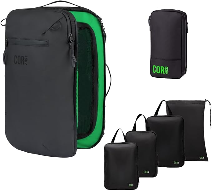 COR Surf Carry On Travel Backpack Bundle | Island Hopper Travel Backpack with Toiletry Bag and Compression Packing Cube Set (Black with 4 Piece, 28L) by CORSurf
