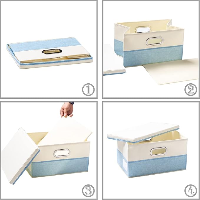 PRANDOM Collapsible Storage Bin with Lid [3-Pack] Fabric Foldable Storage Box Organizer Container Basket Cube with Cover for Home Bedroom Closet Office Nursery Blue&Cream(14.9x9.8x9.8) - Image 5