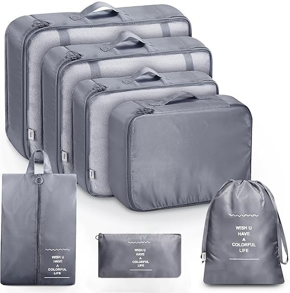 Travel organizer 7 in 1 Packing Cube For Travel Space Saver Laundry Cosmetics Luggage makeup Bag Organizers Set with Shoe Bag for travel (Grey) by Niwlix
