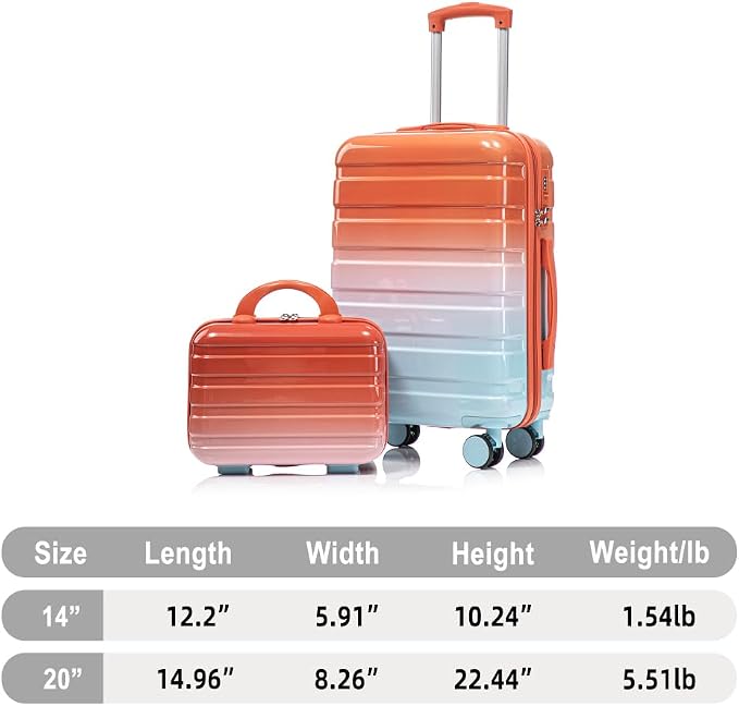 Gradient Color Suitcase 2-Piece Set, 20" Rotating Wheel Suitcase with 14" Cosmetic Case, Lightweight Durable Hardshell Luggage with 360° Spinner Wheels for Travel, Women & Girls (Blue+Red) - Image 9