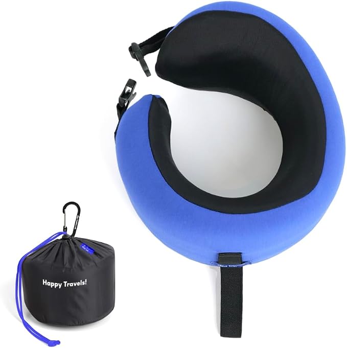 C CUSHION LAB Travel Pillow, Award-Winning Patented Ergonomic Design for Chin & Neck Support Memory Foam Neck Pillow, Compact Airplane Pillow for Traveling, Flight, Car (Cobalt Blue, Medium) by CUSHIONLAB