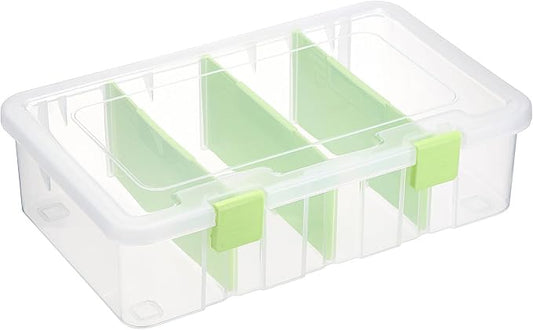 BTSKY Clear Plastic Dividing Storage Box with 4 Compartments Adjustable Storage Bin with Lid Plastic Craft Storage Container Multipurpose Sewing Box Art Supply Organizer, 13.3x8.1x3.4 Inches, Green by BTSKY